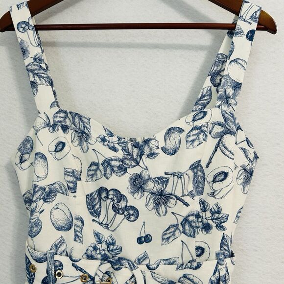 Christian Lacroix Romper Women M WhiteBlue Floral Fruit Linen Vacay Cruise Comfy - Picture 8 of 16